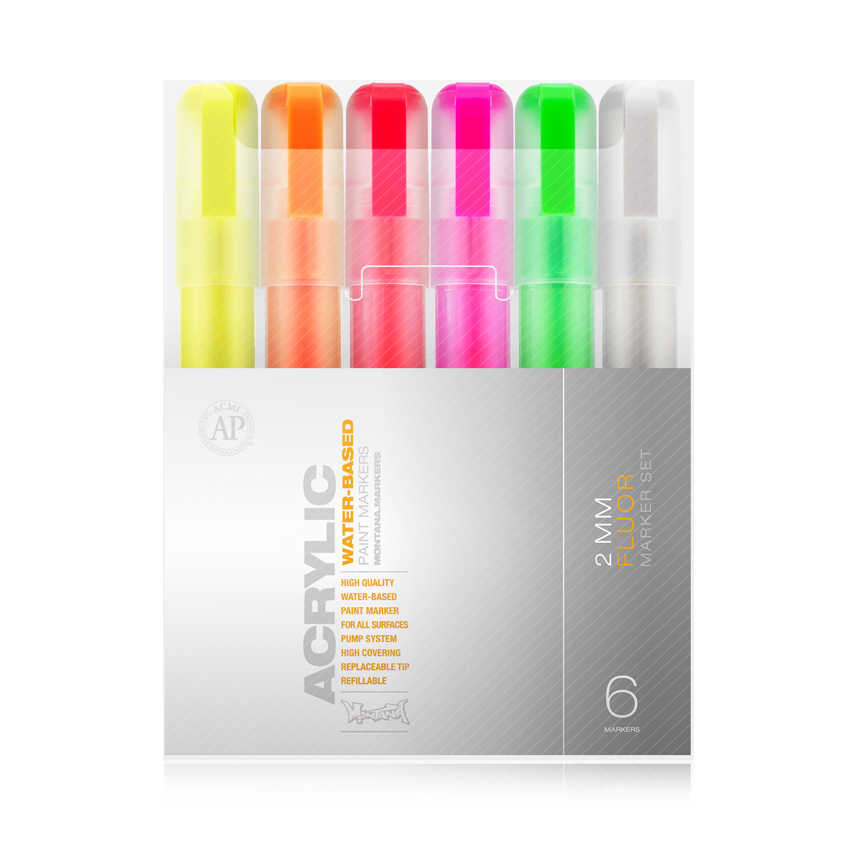 MO-ACRYLIC_MARKER_SET_FLUOR_2MM Montana ACRYLIC Marker Set 6er Fine FLUOR